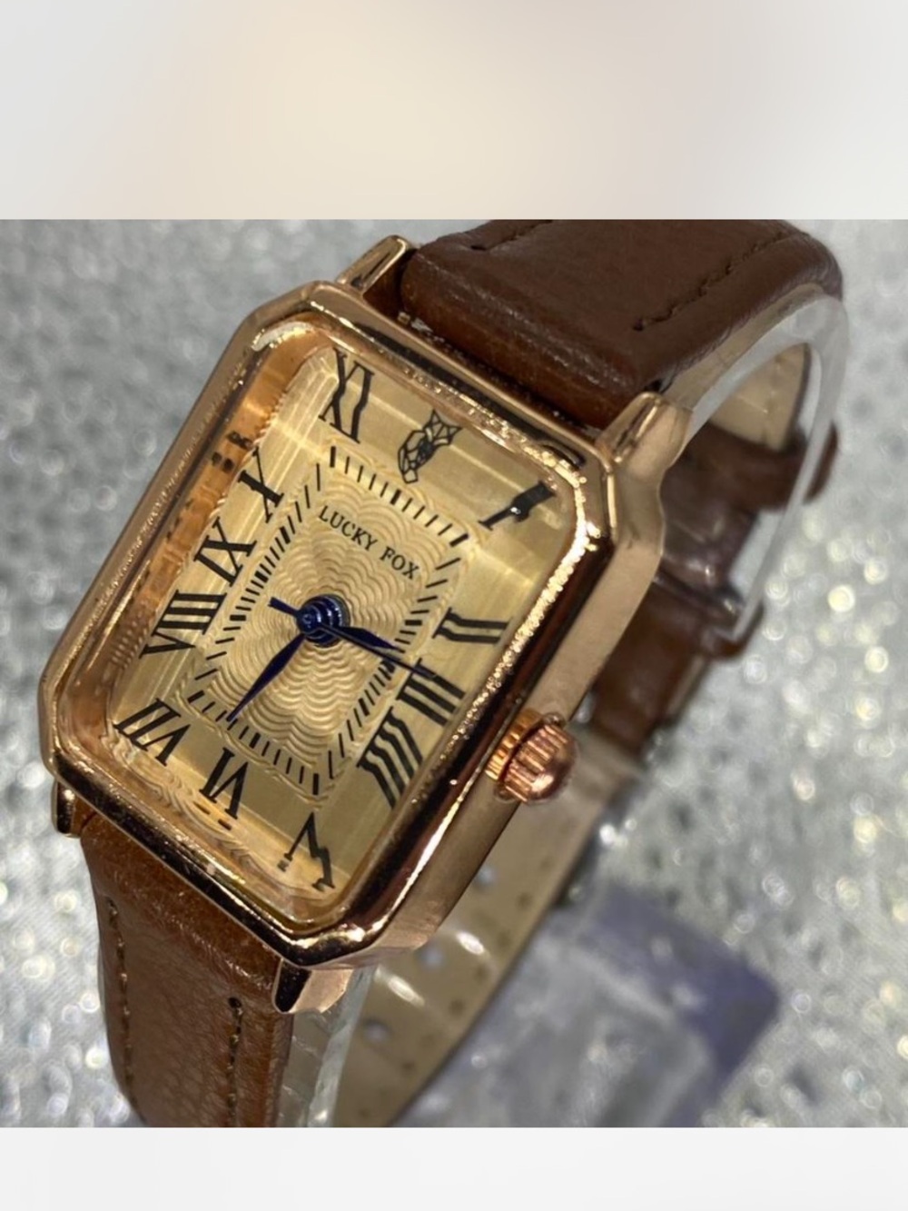 *** Lucky Fox ^^^  Gold Rectangular Watch # Beveled facet *** Roman numerals ***